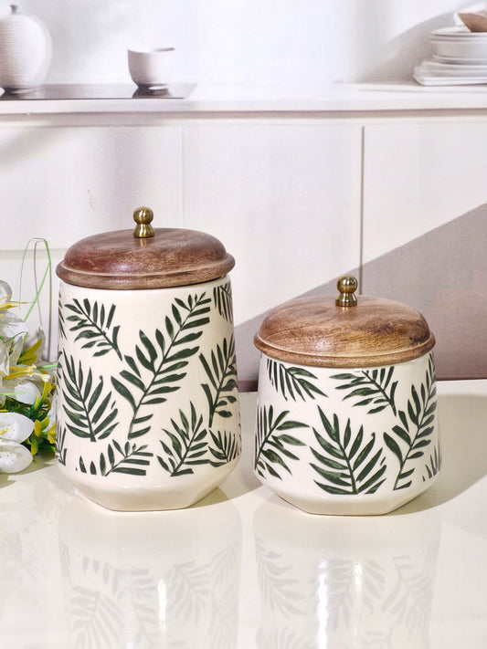 Willow Leaf-Patterned Hand-Painted Ceramic Storage Jars (Set of 2) with Wooden Lids