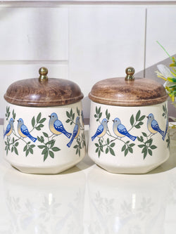 The Bluebird Hand-Painted Ceramic Storage Jars (Set of 2) with Wooden Lids