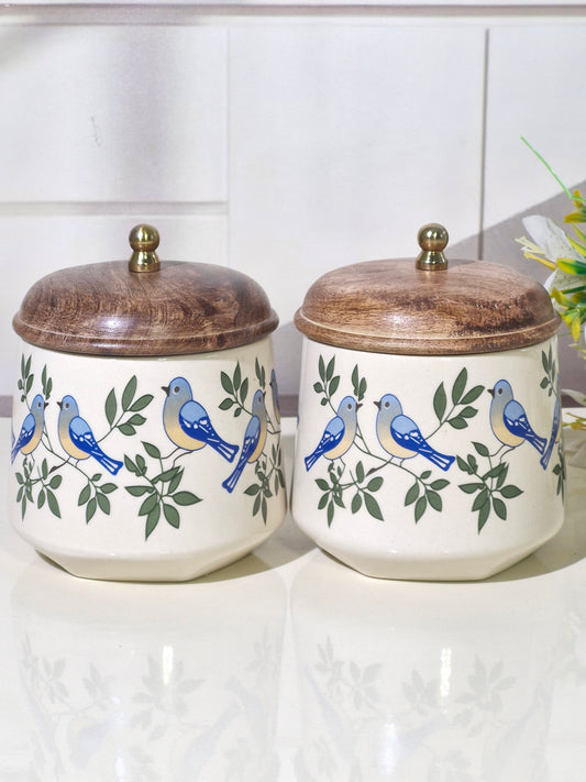The Bluebird Hand-Painted Ceramic Storage Jars (Set of 2) with Wooden Lids