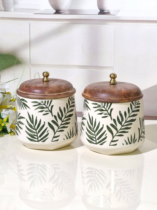 The Willow Leaf-Patterned Hand-Painted Ceramic Storage Jars (Set of 2) with Wooden Lids