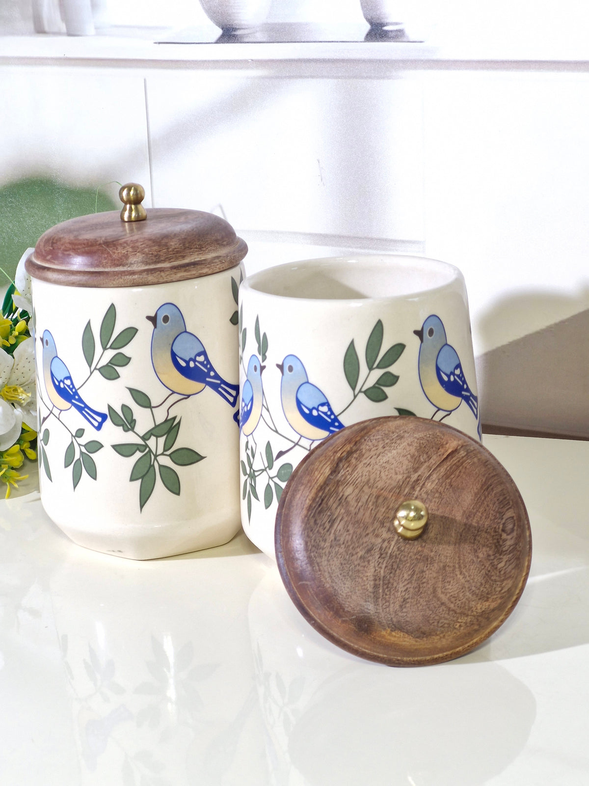 Two ceramic canisters with a blue bird and green leaf pattern, featuring dark brown wooden lids with brass knobs, displayed on a glossy white surface.
