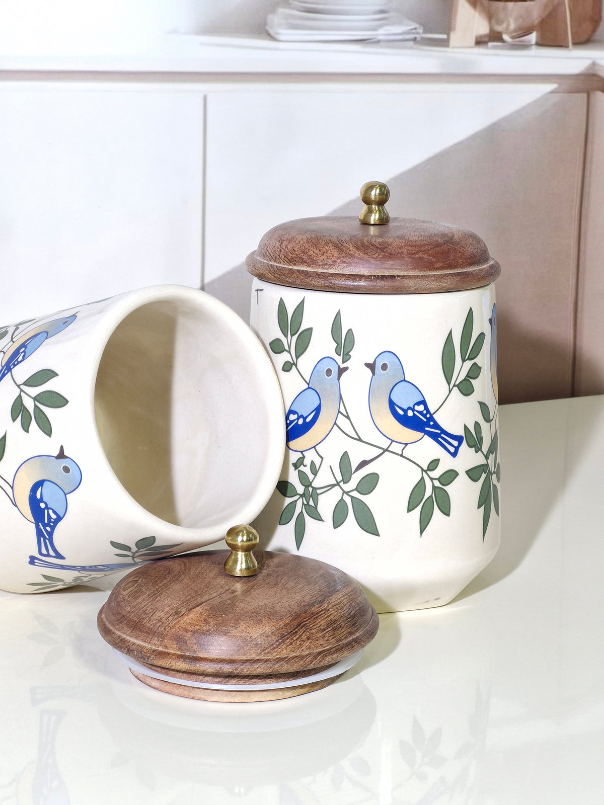 Two ceramic canisters with wooden lids and brass knobs, decorated with blue birds and green leaves on a white background, set on a glossy white surface.