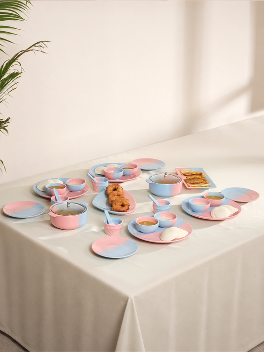 Blush & Blue Ceramic Hosting Dinner Set -Serving Platters, Serving Bowls with Glass Lids & Dessert Bowls for 4 People