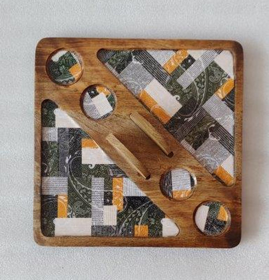 Abstract Square with Napkin holder Wooden Platter : Grey Pottery
