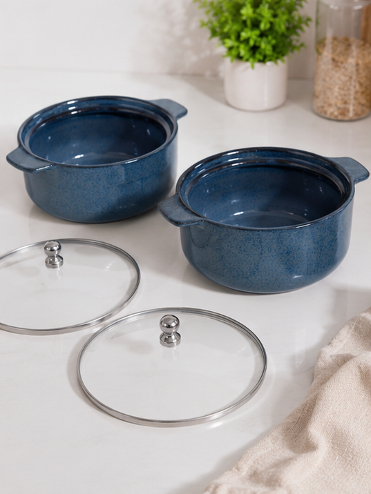 Set of 2 Blush Pink Ceramic Serving Bowls on kitchen counter