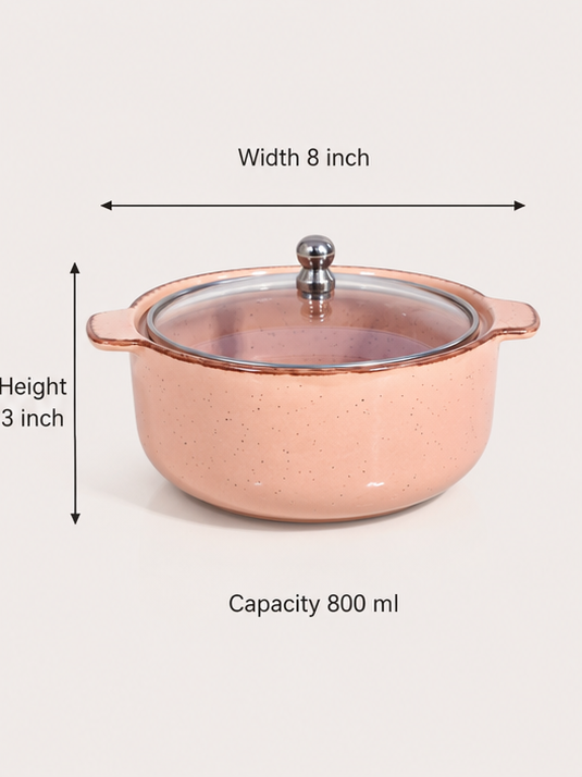 Hand lifting glass lid off blush ceramic serving bowl