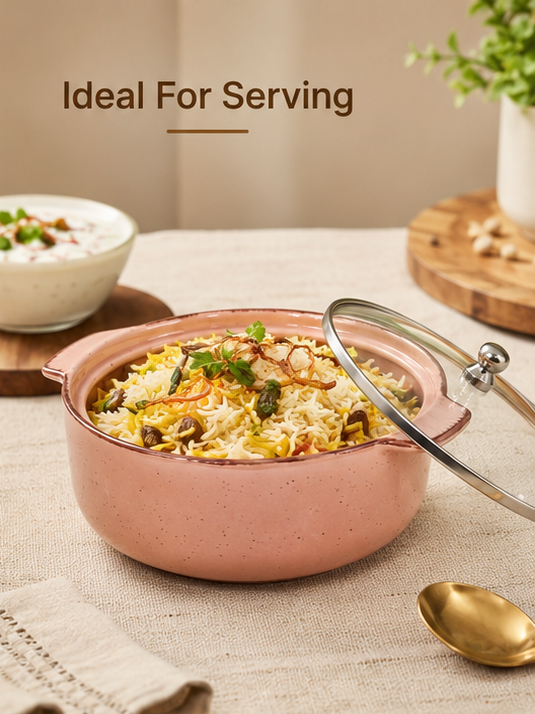 Single blush ceramic serving bowl with dimensions – 8 inch width, 3 inch height, 800ml capacity