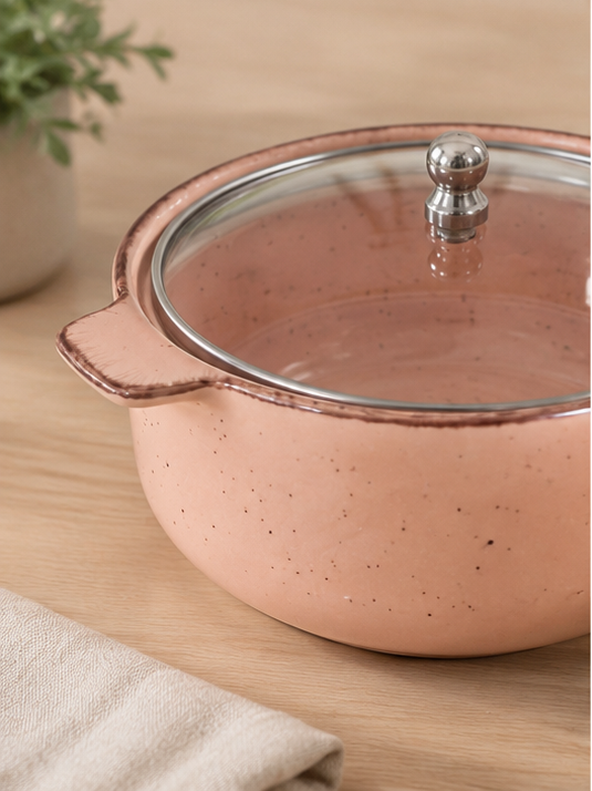 Blush ceramic serving bowl set – clear glass lid detail