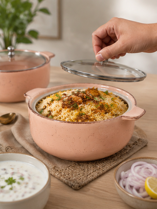 Blush ceramic serving bowl set with clear glass lids
