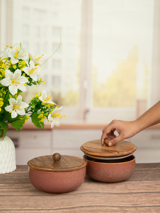 Brownie Dreams Designer Airtight Ceramic Serving Bowls With Wooden Lid