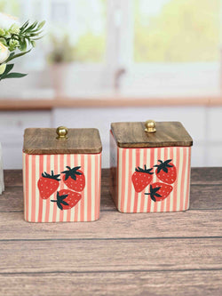 Strawberry Stripe Ceramic Canister Set with Wooden Lid