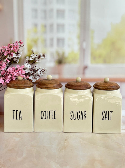 Classic Kitchen Ceramic Canister  (Tea, Coffee, Sugar, Salt) 1kg Set with Wooden Lids