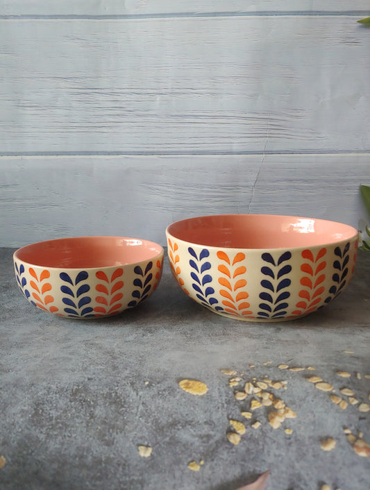 Woodland Leaves Pink Hand Painted Designer Ceramic Serving Bowl