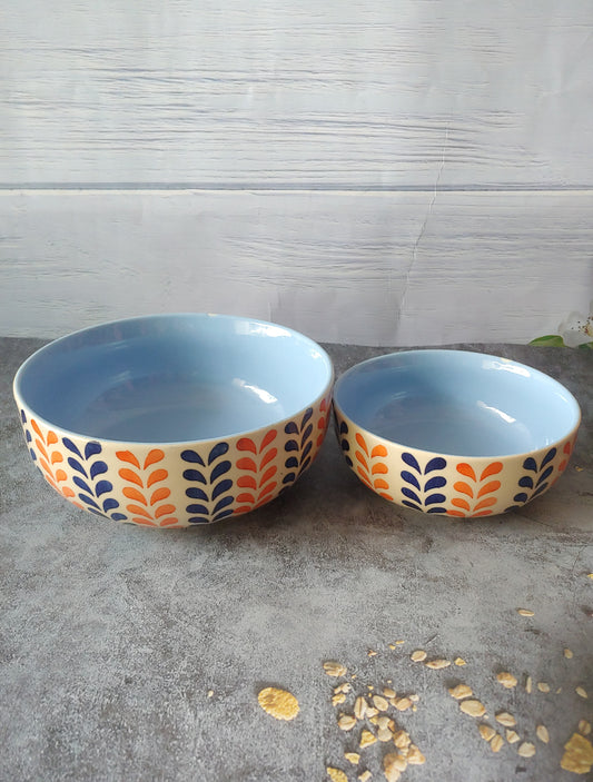 Woodland Leaves Blue Hand Painted Designer Ceramic Serving Bowl