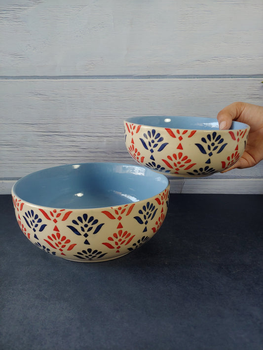 Stained Flowers Blue Hand Painted Designer Ceramic Serving Bowl