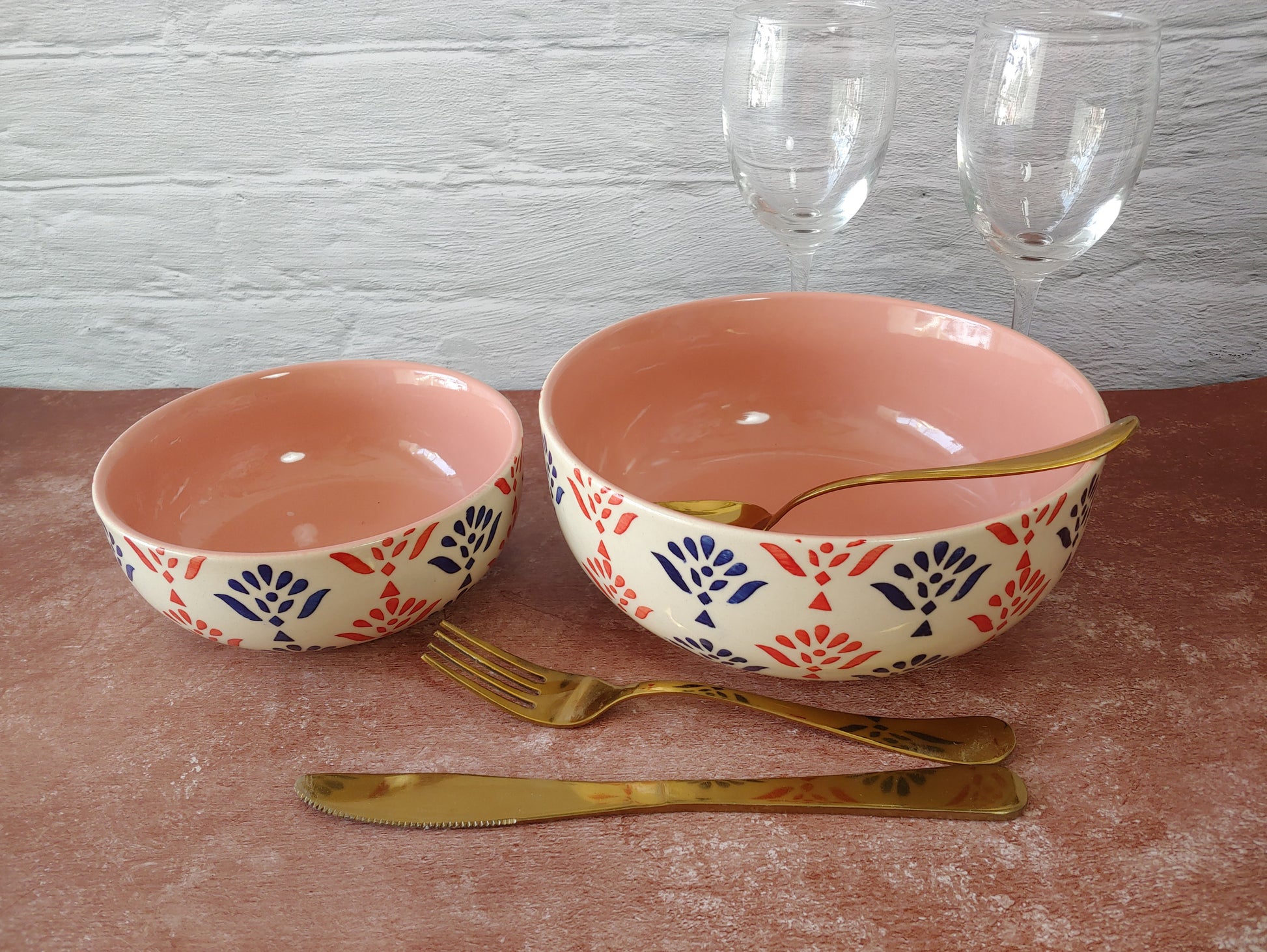 Stained Flowers Pink Hand Painted Designer Ceramic Serving Bowl
