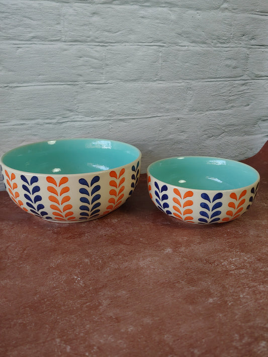 Woodland Leaves Green Hand Painted Designer Ceramic Serving Bowl