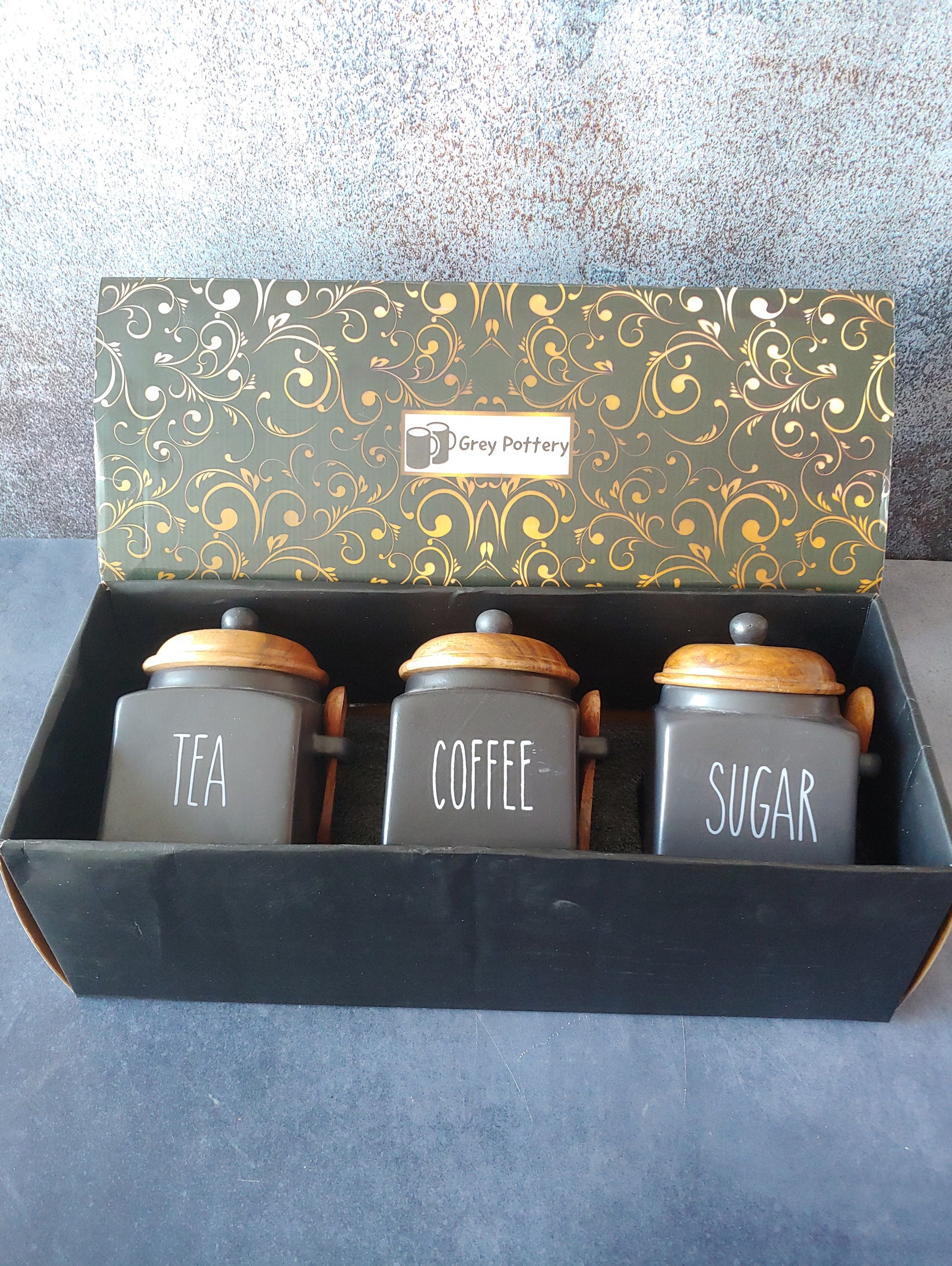 Black Tea Coffee Sugar Ceramic Canisters Grey Pottery 500 ml