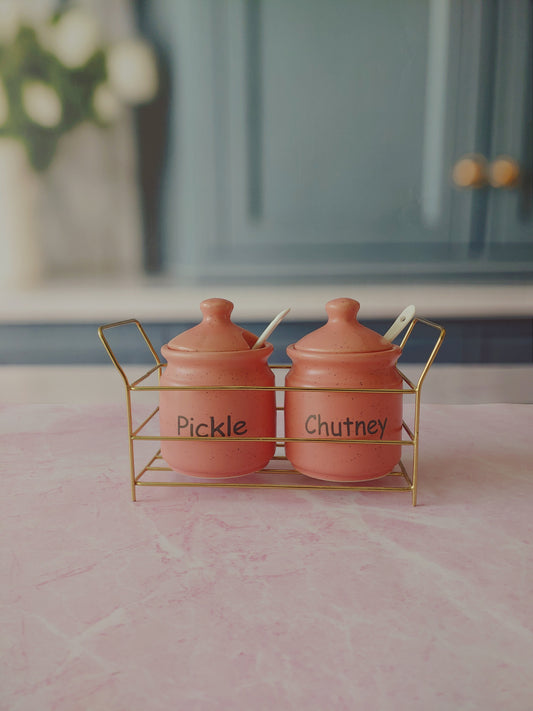 The Tasteful Twins Ceramic Kimchi Pickle and Chutney Jar with Metal stand