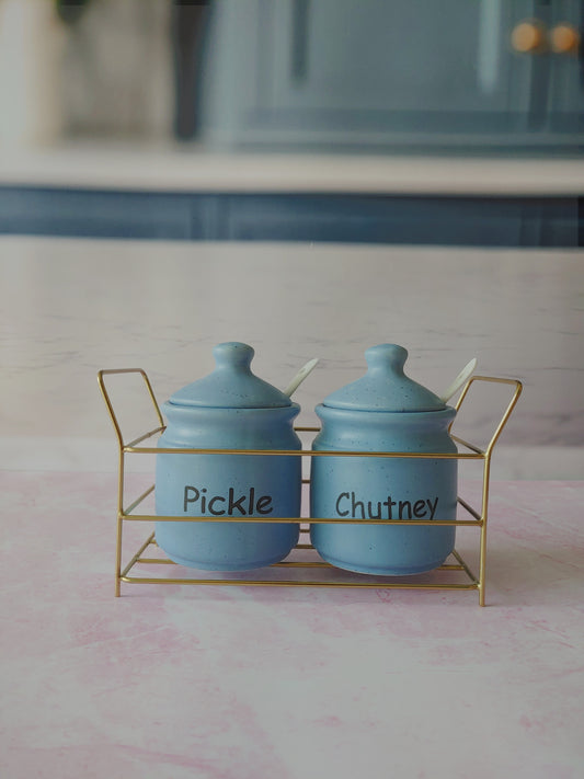 Flavorful Pair Blue Ceramic Kimchi Pickle and Chutney Jar with Metal stand