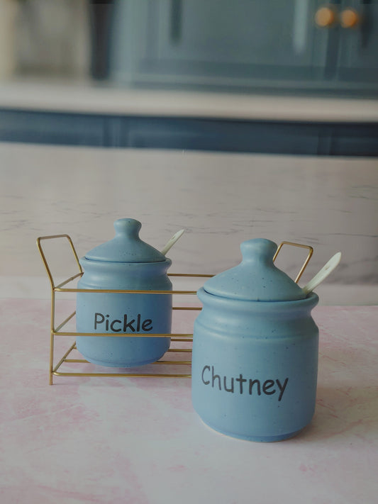 Flavorful Pair Blue Ceramic Kimchi Pickle and Chutney Jar with Metal stand