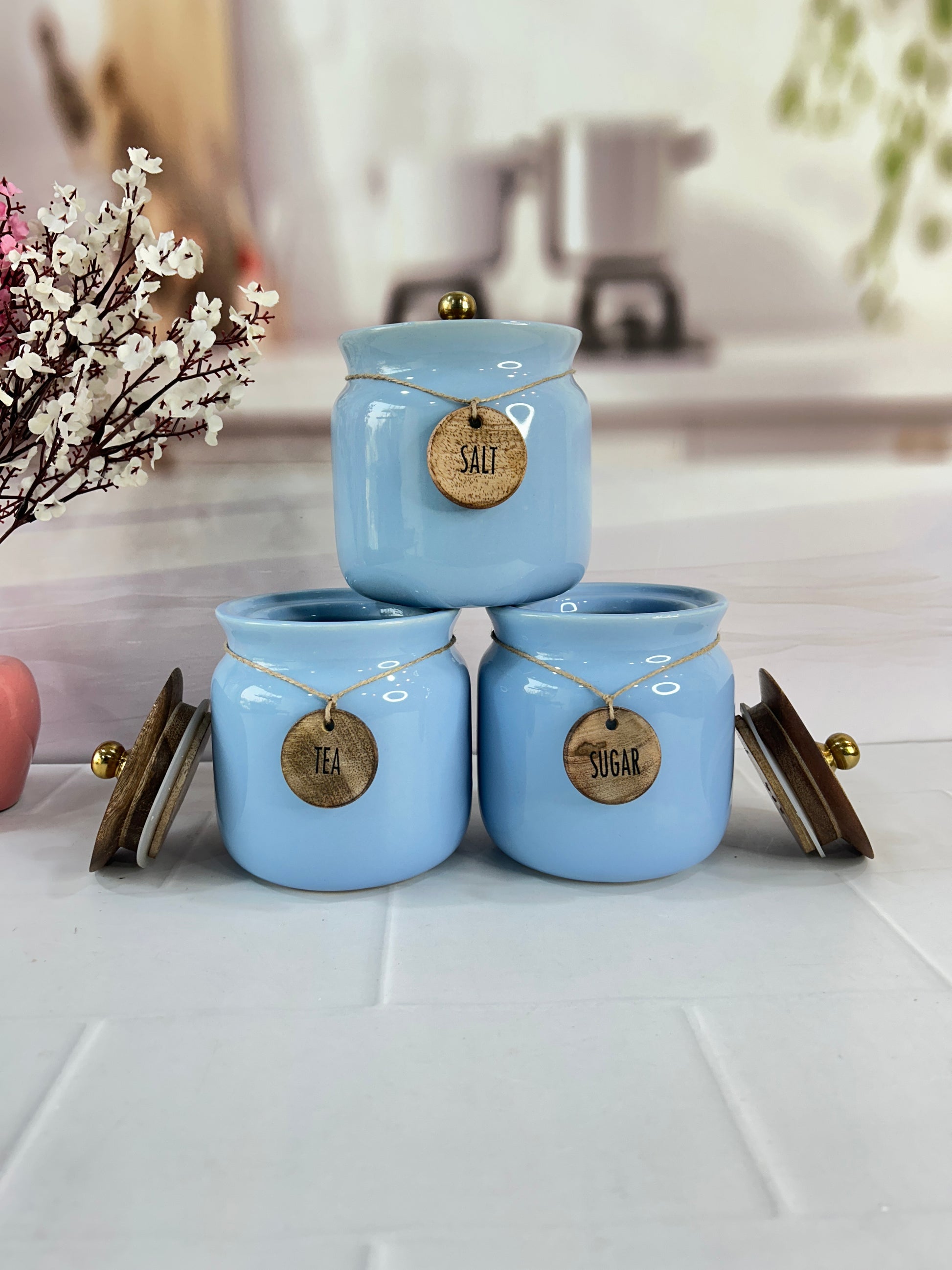 Porcelain Blue And White Tea Coffee Sugar Canisters Blue And White