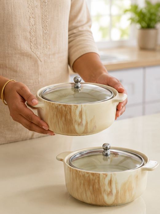 Ivory Cream Glaze Ceramic Serving Bowls with Glass Lids –(800 ml) Set of 2