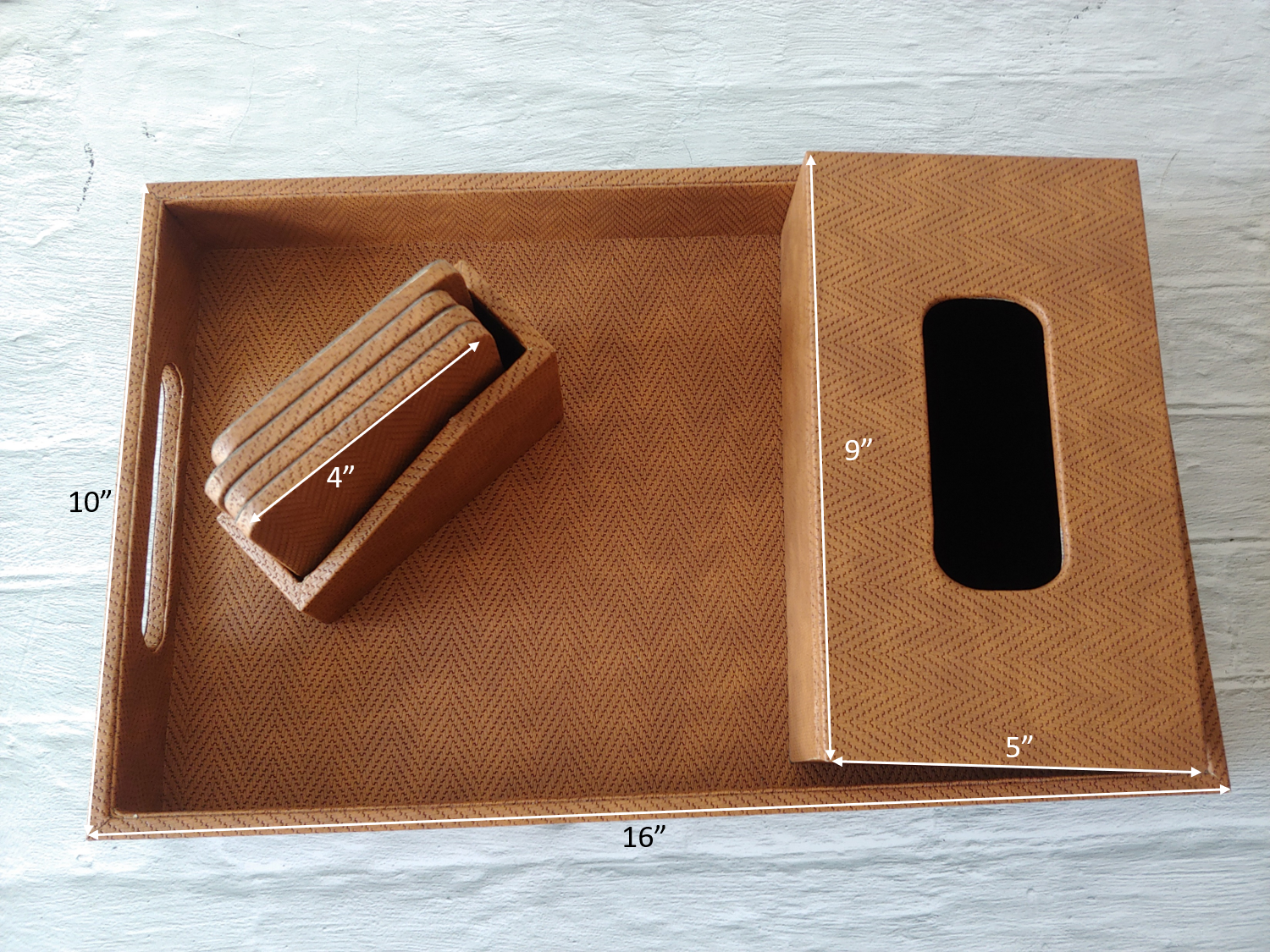 Fawn Zigzag Premium Leather Serving Tray along with tissue holder and coasters
