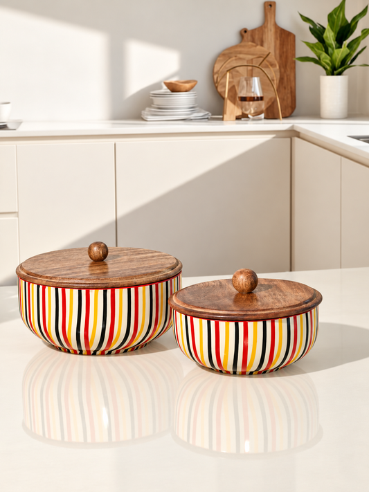 Rainbow Stripe Delight Kitchen Bowl With Wooden Lid (Set of 2)