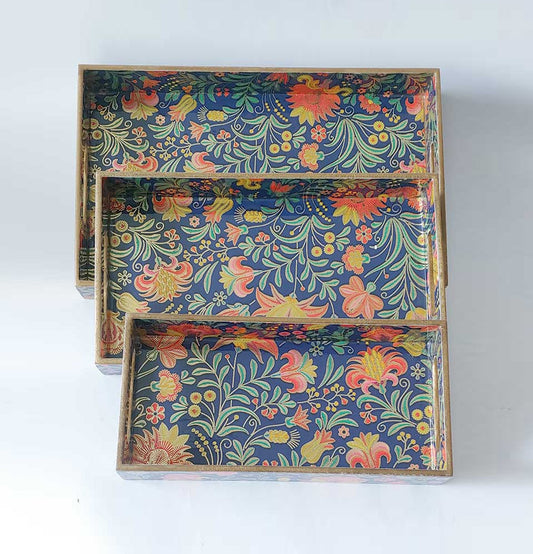 Golden Blue Bagh Wooden Rectangular Tray : Grey Pottery