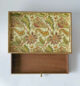 Golden Yellow Mughal Wooden Rectangular Tray With Drawer : Grey Pottery