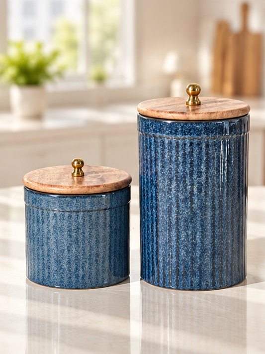 Royal Blue Ceramic Pillar Ring Pipe Storage Jars with Wooden Lids