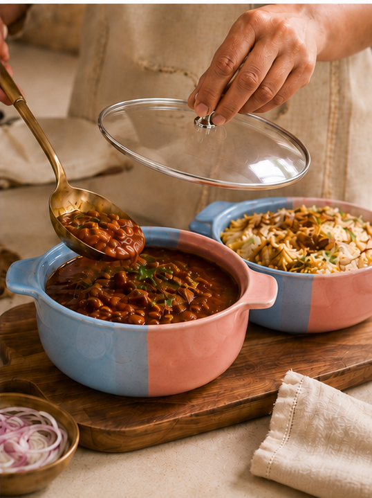 Blush & Blue Serving Bowl with food - curry and rice
