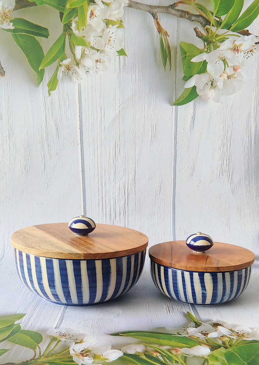 Handpainted Ceramic Blue Round Strips Serving Bowls with Lid