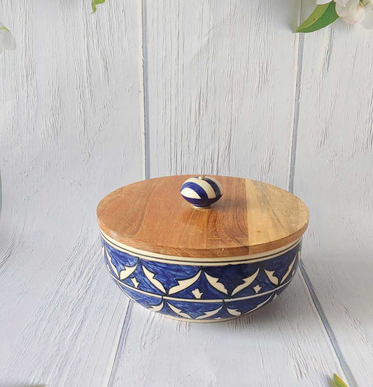 Ceramic Blue Round Geometric Bowl With lid
