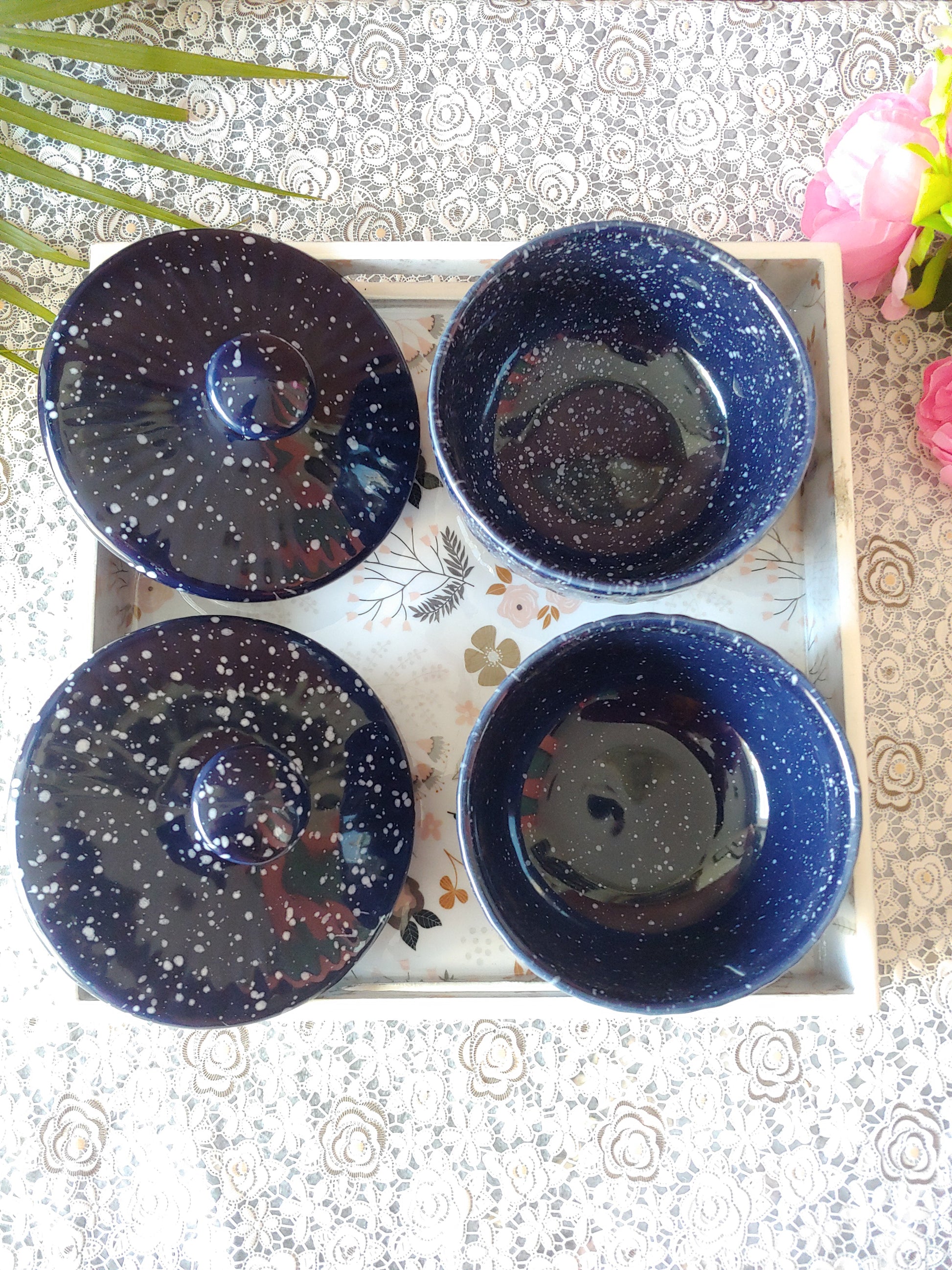 Blue Ceramic Decorative bowls with Lid Tray