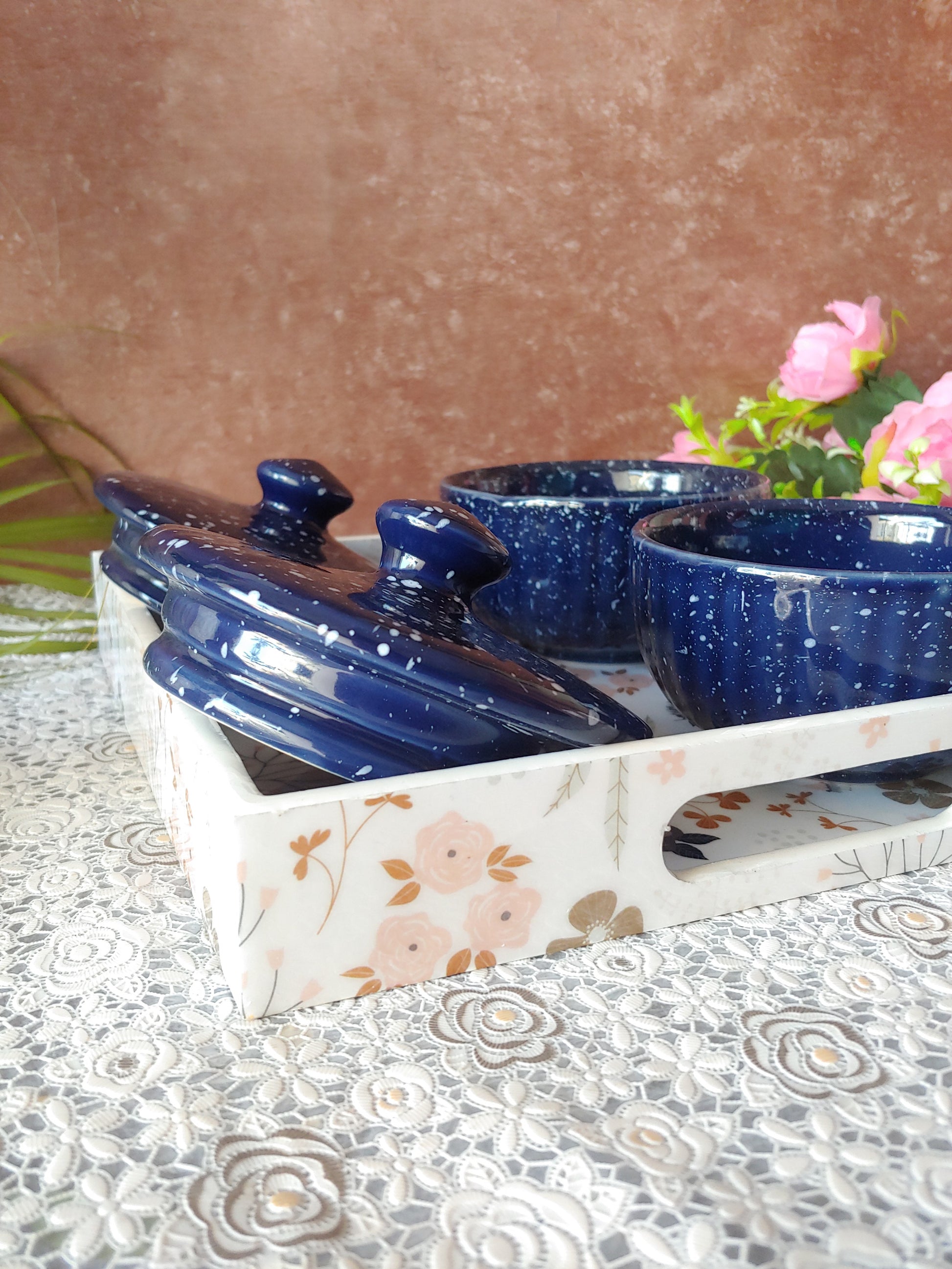 Blue Ceramic Decorative bowls with Lid Tray