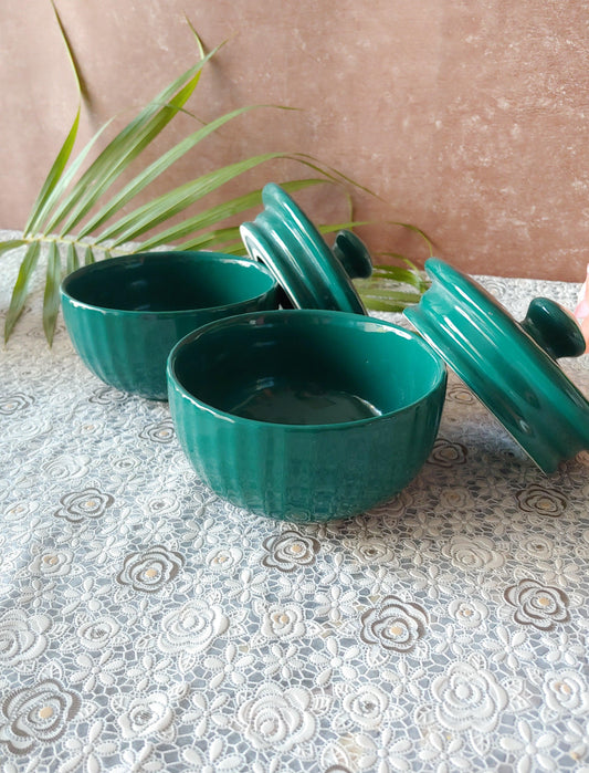 Green ceramic Nesting Bowls with Lid Tray