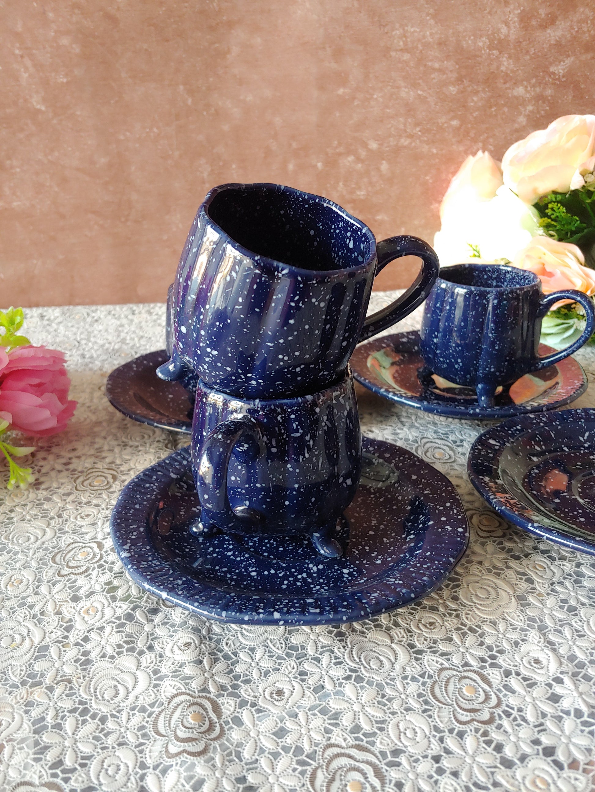 Morning Bloom Blue  Decorative Sauccer Cozy Cups With Pair