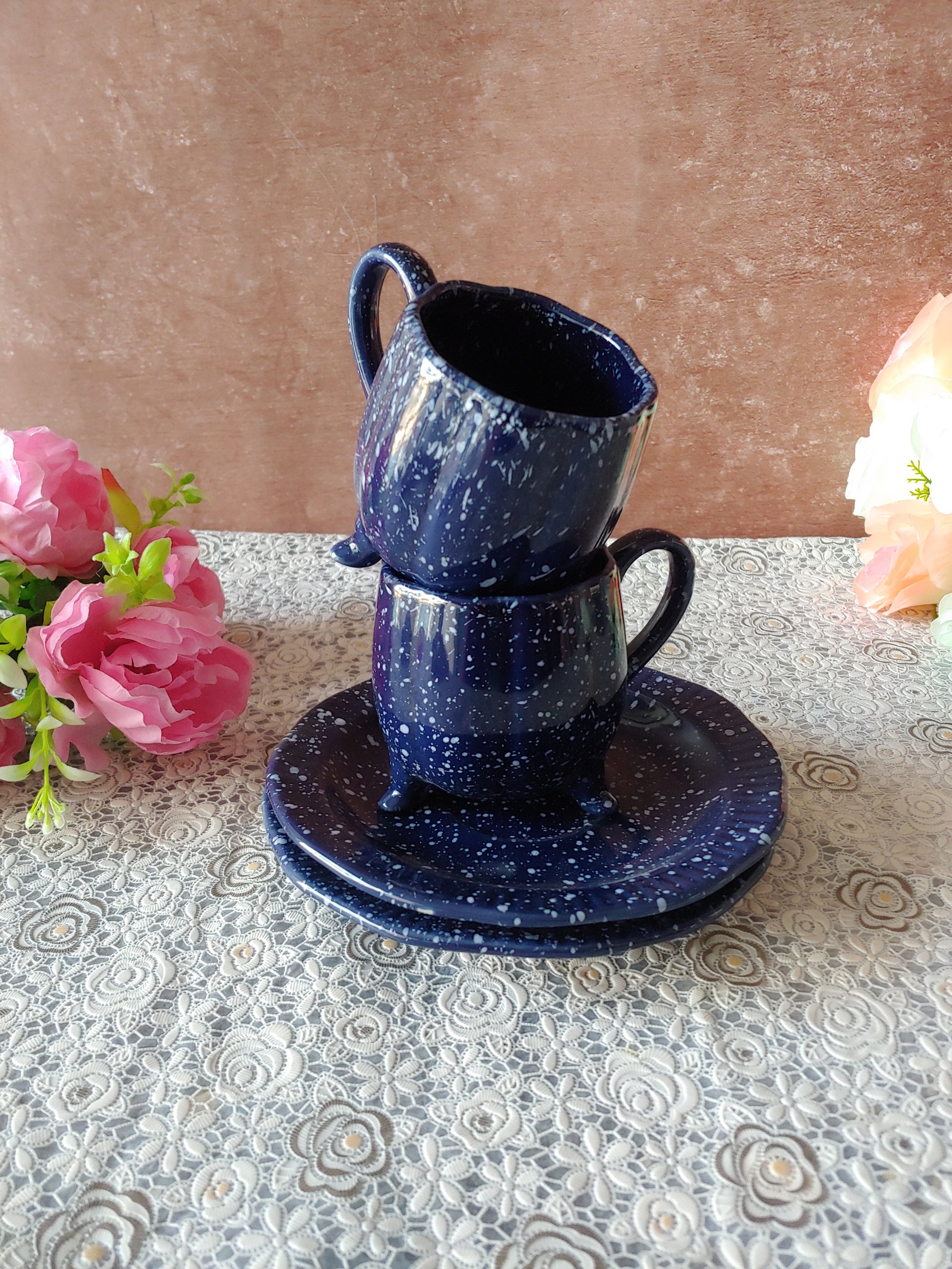 Morning Bloom Blue  Decorative Sauccer Cozy Cups With Pair