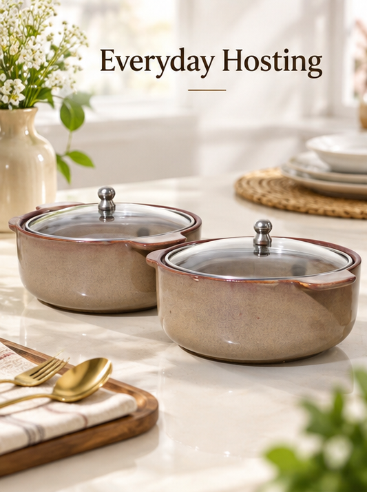 The Teera Grace Ceramic Serving Bowl with Glass lid – 800ml (Set of 2)