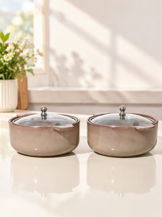 The Teera Grace Ceramic Serving Bowl with Glass lid – 800ml (Set of 2)