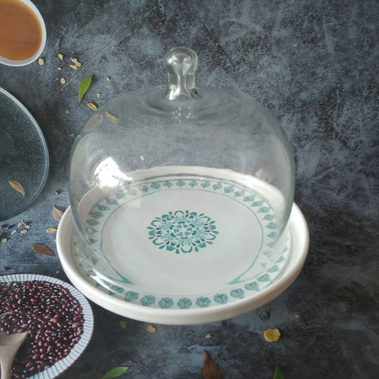 Green Handpainted Ceramic Cake Stand with Glass Dome