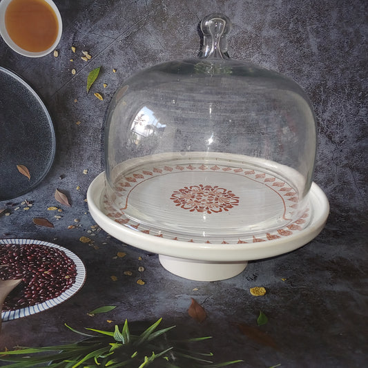 Red Handpainted Ceramic Cake Stand with Glass Dome