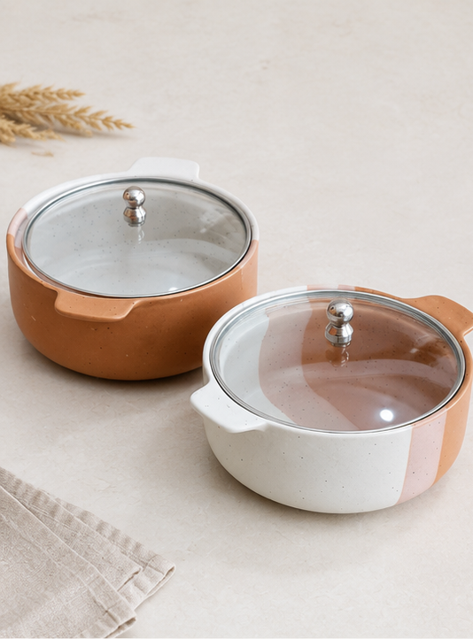 Desert Glow Ceramic Serving Bowl — lifestyle table setting with biryani and rajma