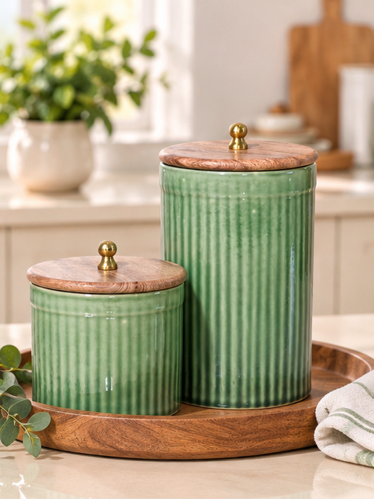 Olive Green Fluted Ceramic Pillar Ring Pipe Storage Jars with Wooden Lids