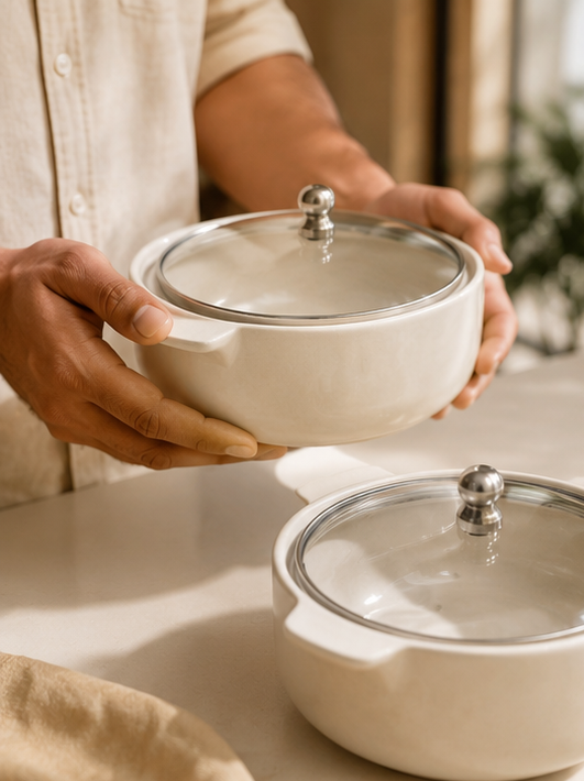 Ivory serving bowl with glass lid – hands holding bowl