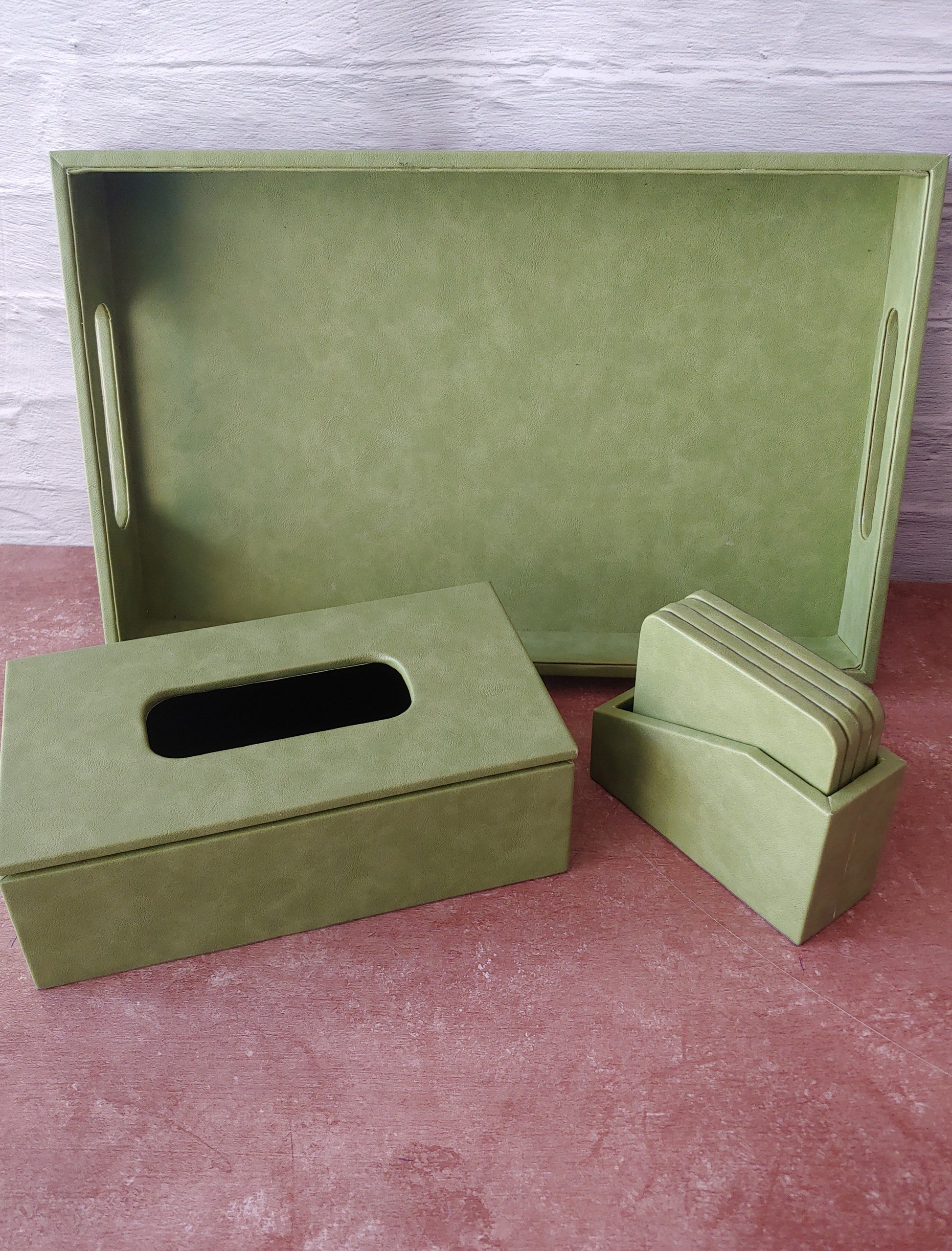 Pistachio Green Premium Leather Serving Tray with handle