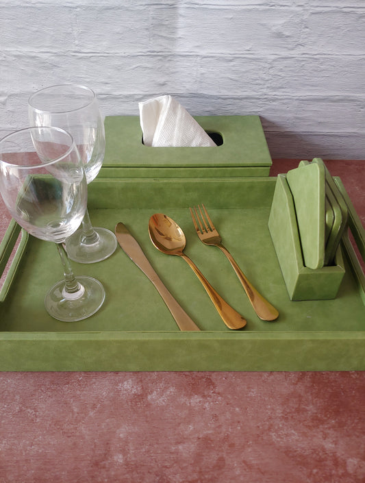 Pistachio Green Premium Leather Serving Tray along with tissue holder and coasters