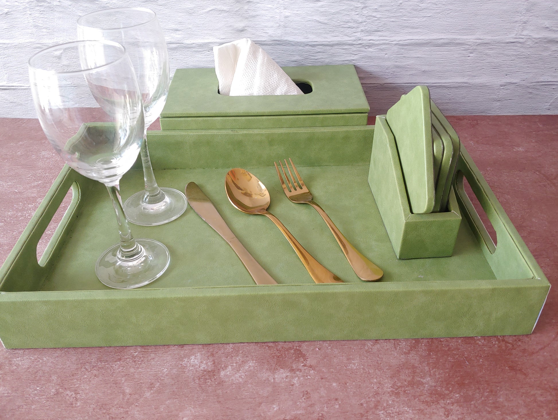 Pistachio Green Premium Leather Serving Tray along with tissue holder and coasters
